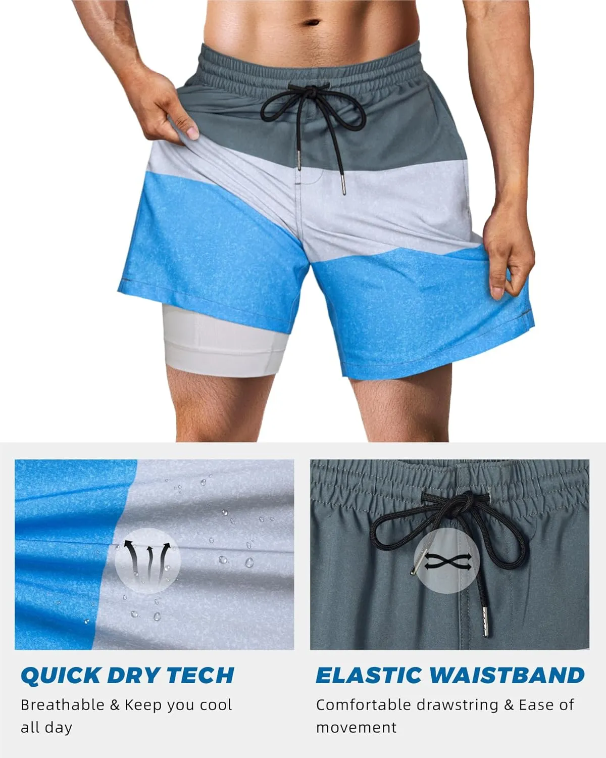SURF CUZ Mens Swim Trunks with Compression Liner Swim Shorts 7" Swimming Trunks Stretch 7 Inch Swim Suits Quick Dry