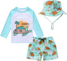 Toddlers and Baby Boys' 3-Piece Swimsuit Trunk and Rashguard Sun Hat Set