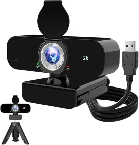 Webcam for PC, 2K Webcam with Noise-Canceling Mic, Tripod, Privacy Cover, 120FOV, Auto Focus/Light Correction/Selfie Beauty, USB Web Camera for Streaming/Meeting/Video/Zoom/Broadcast/YouTube
