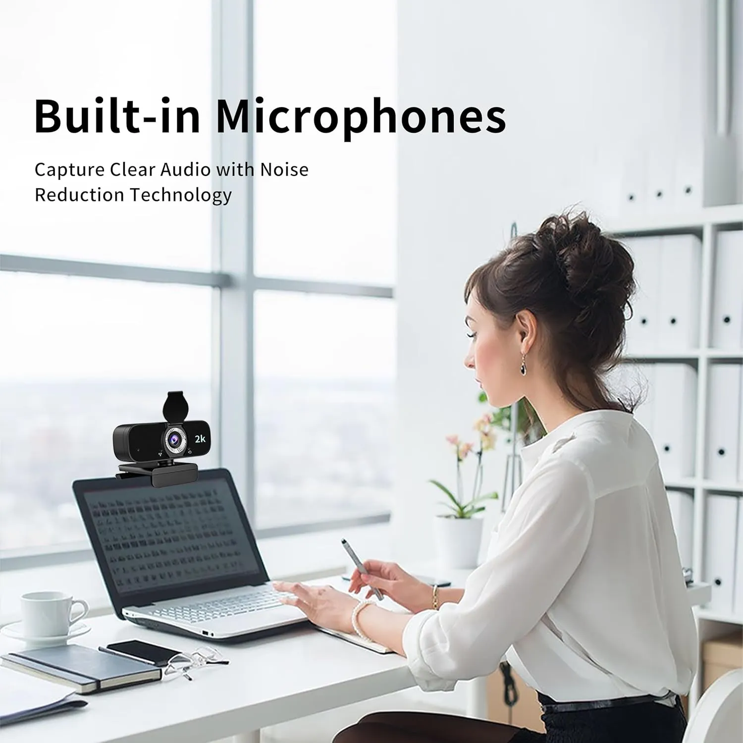 Webcam for PC, 2K Webcam with Noise-Canceling Mic, Tripod, Privacy Cover, 120FOV, Auto Focus/Light Correction/Selfie Beauty, USB Web Camera for Streaming/Meeting/Video/Zoom/Broadcast/YouTube