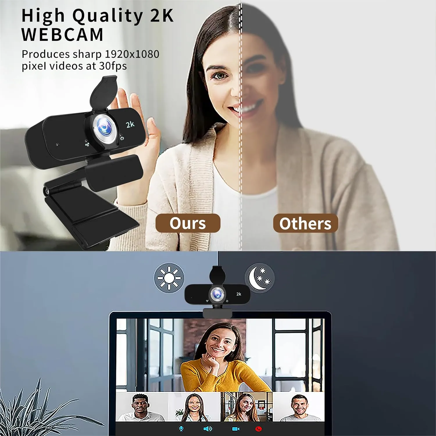 Webcam for PC, 2K Webcam with Noise-Canceling Mic, Tripod, Privacy Cover, 120FOV, Auto Focus/Light Correction/Selfie Beauty, USB Web Camera for Streaming/Meeting/Video/Zoom/Broadcast/YouTube