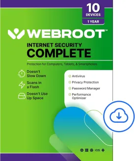 Webroot Internet Security Complete | Antivirus Software 2025 | 10 Device | 1 Year Download for PC/Mac/Chromebook/Android/IOS   Password Manager, Performance Optimizer