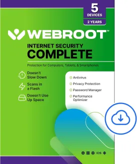 Webroot Internet Security Complete | Antivirus Software 2025 | 5 Device | 2 Year Download for PC/Mac/Chromebook/Android/IOS   Password Manager, Performance Optimizer