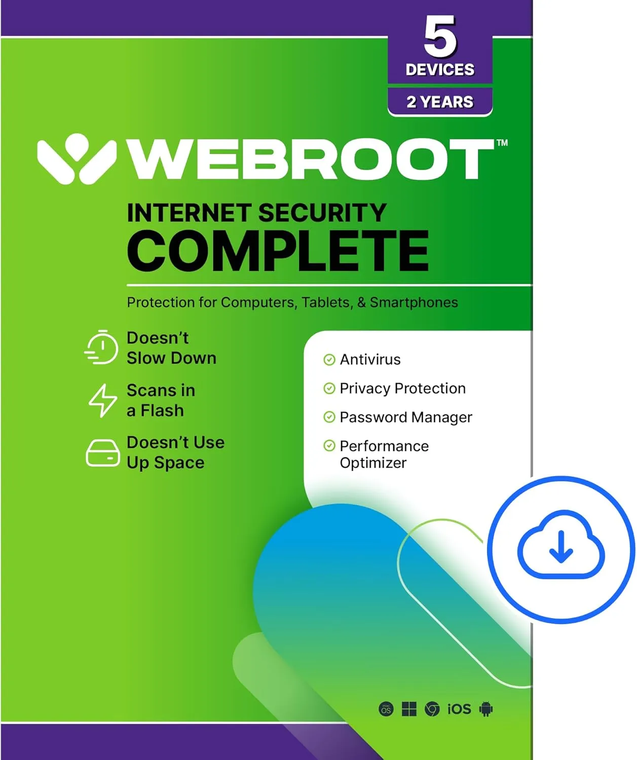 Webroot Internet Security Complete | Antivirus Software 2025 | 5 Device | 2 Year Download for PC/Mac/Chromebook/Android/IOS   Password Manager, Performance Optimizer